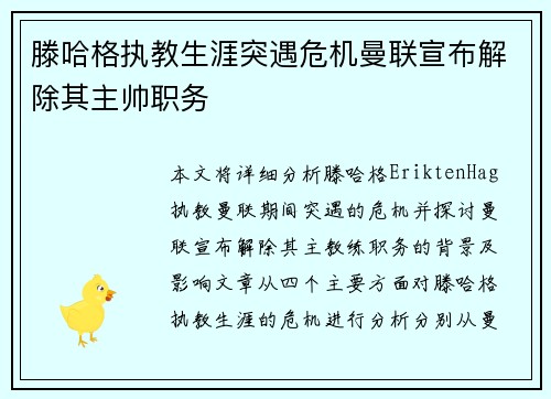 滕哈格执教生涯突遇危机曼联宣布解除其主帅职务