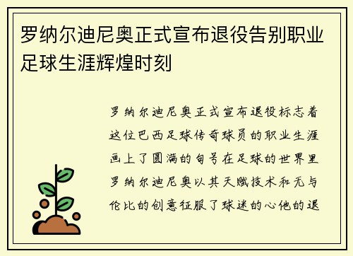 罗纳尔迪尼奥正式宣布退役告别职业足球生涯辉煌时刻